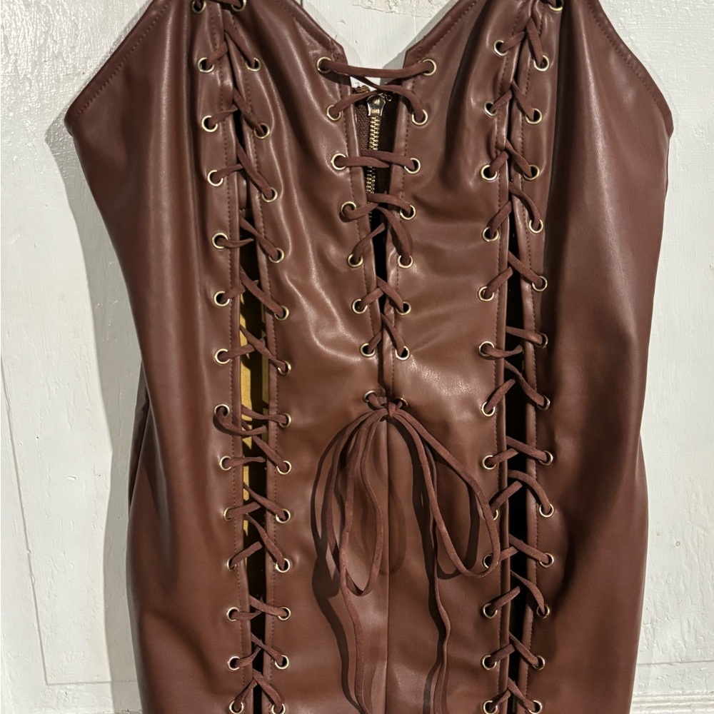 Brown Lace-Up Faux Leather Dress